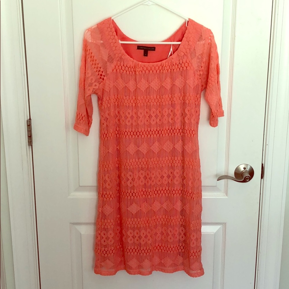 3/4 sleeve pink lace dress